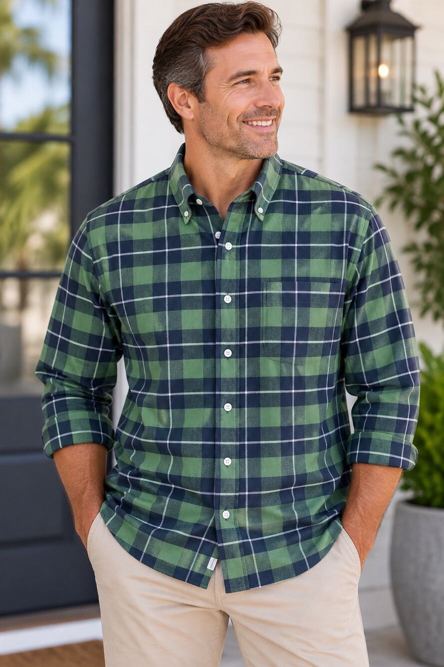 UNTUCKit Brightlake Men's XL Green Navy Plaid Flannel Feel Stretch Button Shirt